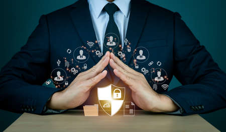 The businessman uses AI technology to guarantee security. New big data and business process technology, as well as digital transformation change management, automation, and operation,の写真素材
