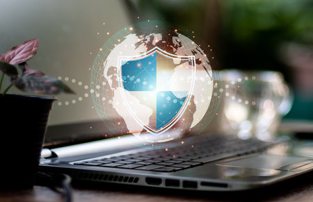 a padlock barrier on a global networking connection, data protection and network security, insurance firm, internet fire wall, and criminal cyber protectionの写真素材