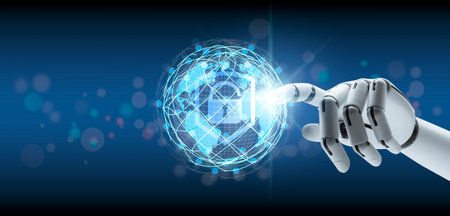 Robot unlocks with a finger and gains access to a company data network. Biometric identity and cyber...