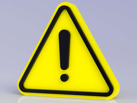 Exclamation symbol on a danger warning sign A blue sky serves as the 3D backdrop.の写真素材