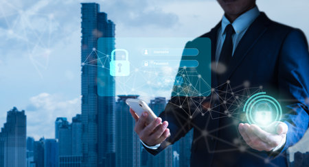 A businessman secures commercial and financial data through a virtual network connection. Innovative...