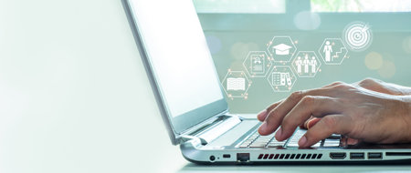 Hands of a man typing on a laptop keyboard Business Team Work Startup Modern Office Global Strategy...