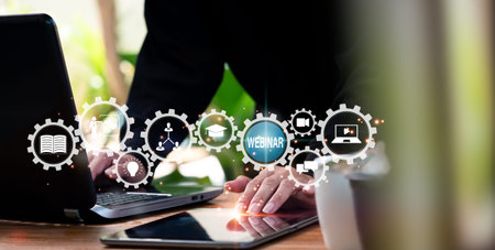 The concept of e-learning. Webinars are used for online education, conferences, courses, and...
