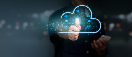 Concept of a futuristic corporate network. Background in high-tech cloud connectivity technologies....