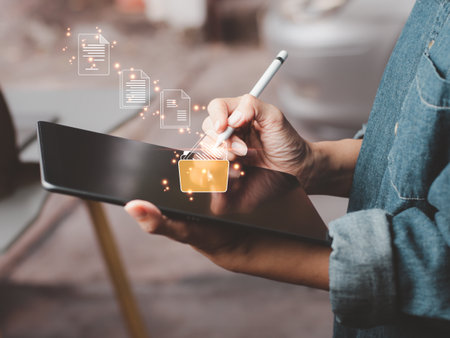 To efficiently manage files, knowledge, documentation in enterprise with ERP, use Document Management System (DMS),online documentation database, process automation. Technology for corporate business.の写真素材