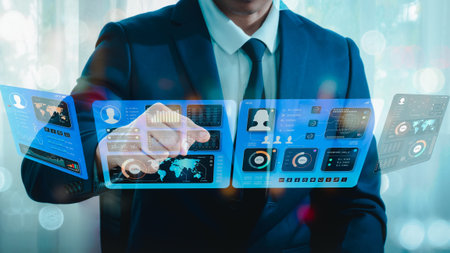 data analysis. On a futuristic virtual interface screen, a man programmer studies and creates...