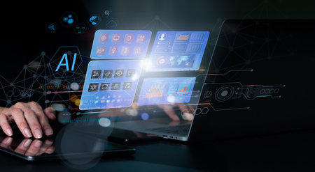 Woman utilizing augmented reality to examine IOT-connected things in her apartment while using a smart home control app on her phone.の写真素材