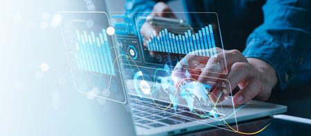 View analytical graphics of businessmen considering long-term investments, future business growth as...