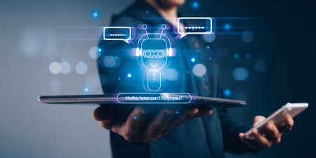 AI advancement On a tablet, a businessman utilizes AI to answer to questions about the...