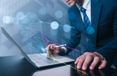 Data science, big data technology. Computers are used by data scientists to calculate, analyze,...