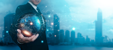 A businessman with a worldwide network link in social networking, digital marketing, technology,...