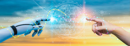 AI, ML, Human, robotic hands handling massive amounts of data from global network connections,...