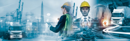 Growth in the dispersion of logistics and transportation networks. Industrial freight vehicles and container ships are used for shipment. Transport, import, and business logistics sectors.の写真素材