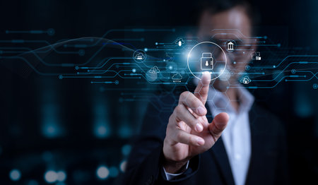 Businessman with a shield, padlock is shown on global networking connection, among images of...