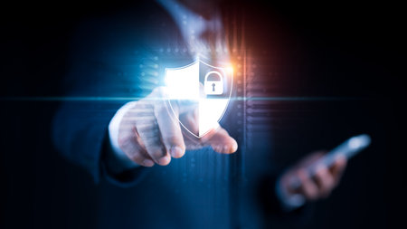 A businessman with a padlock on a global networking connection, insurance firm, internet firewall, data protection and network security, and criminal cyber protection.の写真素材