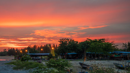 Background: Sunrise. Sky with clouds. Sunrise skylight background. Sunrise with clouds of various kinds.の写真素材
