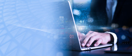 Artificial Intelligence (AI) concept with businessman typing on laptop, digital binary code, programming interface, and futuristic data network design for technology, innovation, coding, and AI developmentの写真素材