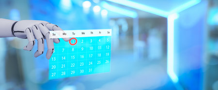 AI robotic hand interacting with digital calendar interface, symbolizing automation, scheduling, productivity management, and future technology for smart business planning and time efficiency.の写真素材