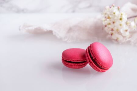 Two Strawberry macarons with roses on white backgroundの写真素材