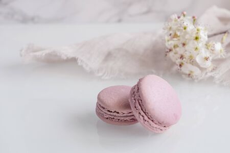 Delicious violet macarons with white flowers on white backgroundの写真素材