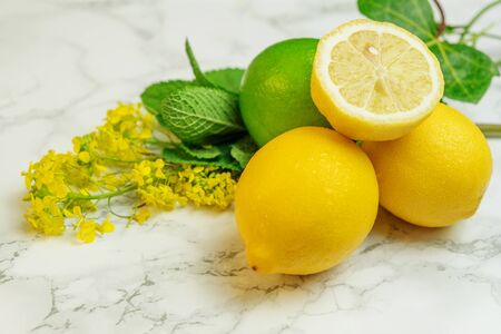 Composition with lemons, lime, bouquet of yellow flowers and mint, on marble table.の写真素材