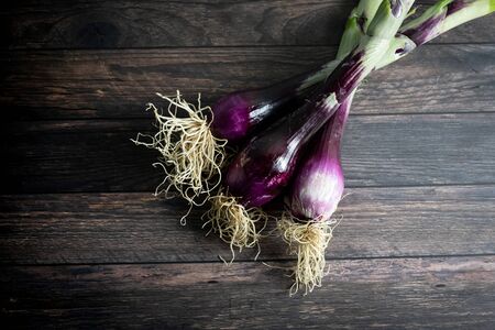 detail of a group of two purple onions on wooden backgroundの写真素材
