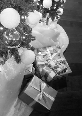 Christmas tree decorated with balls and decorationsの写真素材