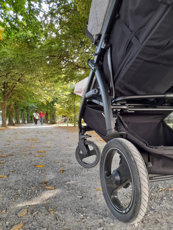 Young woman strolling with her twins in the park in summerの写真素材