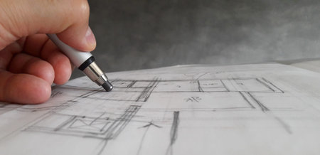 Architect who designs freehand in his own studioの写真素材