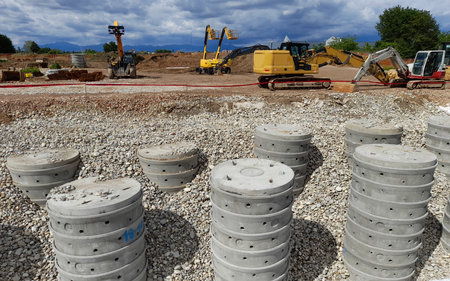 Work in progress on the construction site - bulldozers and leaky pits
