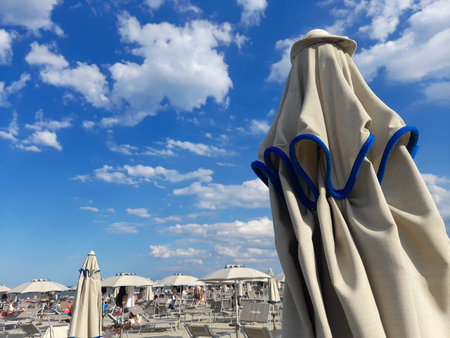 Beach resort with umbrellas and loungers in the hot summerの写真素材