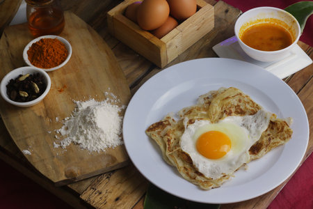 prata canai style style pancake with curry and eggs on wooden background.の写真素材