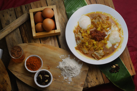 prata canai style meat and goat dhall curry and half boiled eggの写真素材