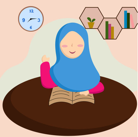 Cartoon Muslim Girl studying and reading a Book. Vector Illustration.のイラスト素材