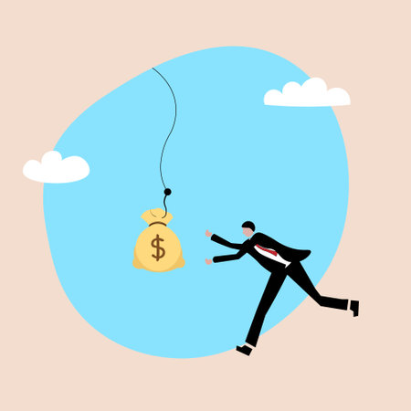 Financial money trap, With huge money dollar sign bait, vector of a man running for moneyのイラスト素材