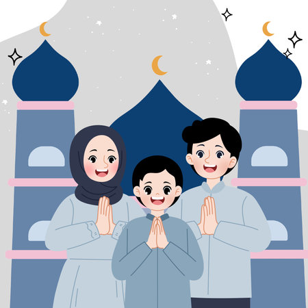 Illustration of a mosque and Muslim people giving greetings, suitable for welcoming the month of Ramadan, Eid al-Fitr and various Islamic holidaysの写真素材