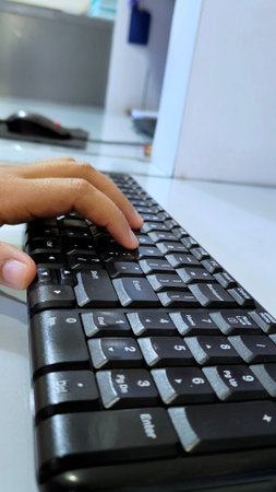 office, education, programming and technology concept - close up of hands typing on keyboard