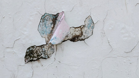 Close-up of damaged building wall paint. Cracked paint patches with peeling edges.の写真素材
