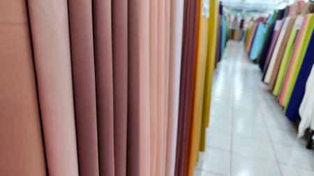 Fabric and textile display in a retail storeの写真素材