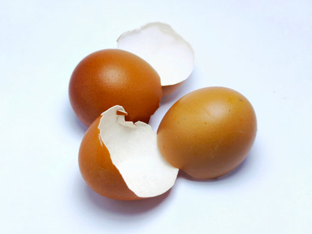 Close-up of a brown egg with a cracked shell on a white surface