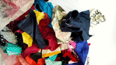Colorful Fabric Scraps Collection for Crafts and Sewing, recycled fabric wasteの写真素材