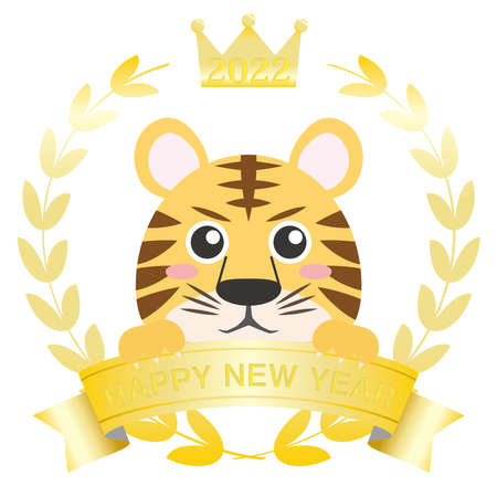 Tora about to jump out of the golden crown and laurel frameのイラスト素材