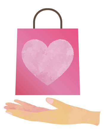 A paper bag of heart presents on the palm of your handのイラスト素材