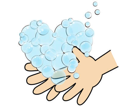 Illustration of heart-shaped bubbles on the palm of your handの写真素材
