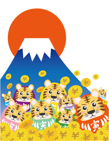 Colorful Tora no Dharma and lots of coins with Mt. Fuji in the backgroundのイラスト素材