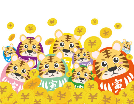 Colorful Tora Dharma and Lots of Coinsのイラスト素材