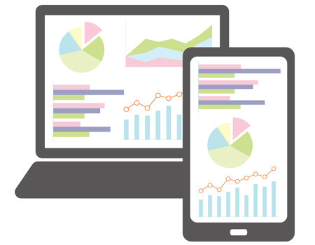 Graphs, mathematics, stock prices, charts, and mobile devices displayed on the screen of smartphones and PCsのイラスト素材