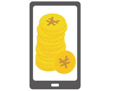 Coins projected on smartphone screens and digital devicesのイラスト素材