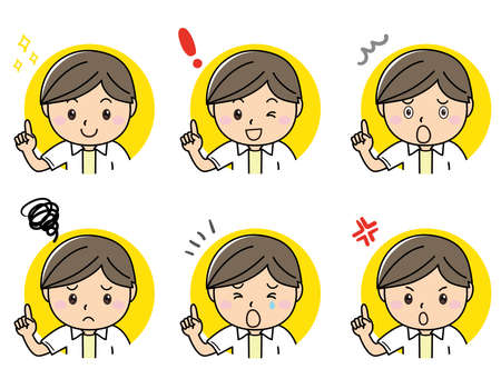 Emotions, men's facial expressions, pointing pose sets Smile Angry Trouble Troubled Sadのイラスト素材
