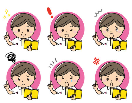 Expression and pointing pose set of a man with a pleasure and a book Smile Angry Trouble Trouble Sadのイラスト素材